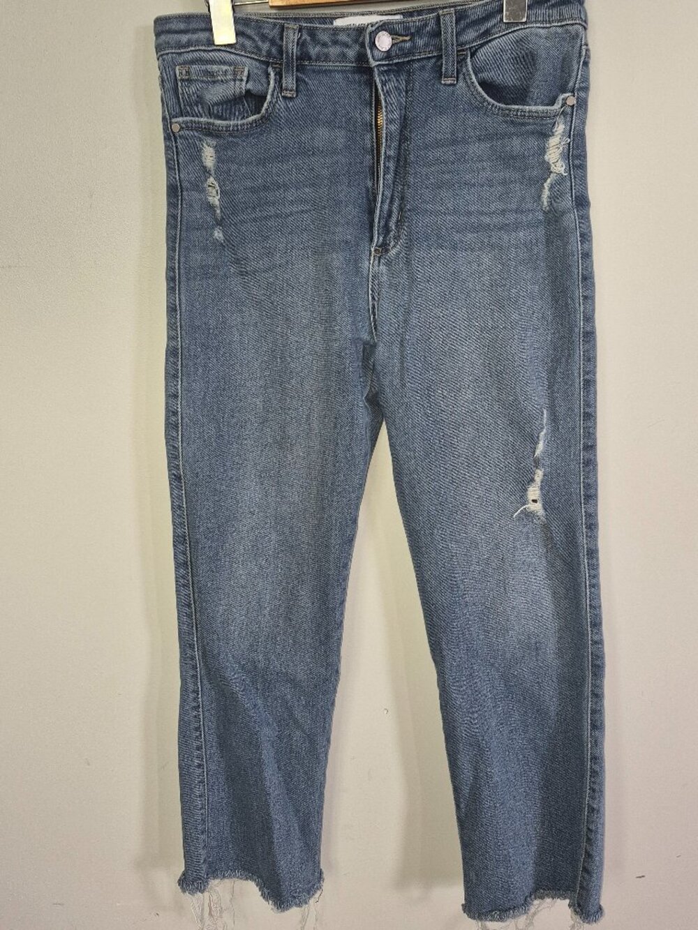 Just Black Denim Distressed Straight Crop Jeans, Raw Hem, Made in USA, Size 31